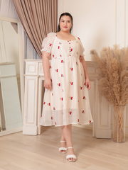 NINA Cherry Puff Sleeve Embroidery Chiffon Maxi Dress