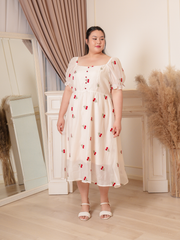 NINA Cherry Puff Sleeve Embroidery Chiffon Maxi Dress