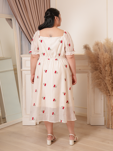 NINA Cherry Puff Sleeve Embroidery Chiffon Maxi Dress