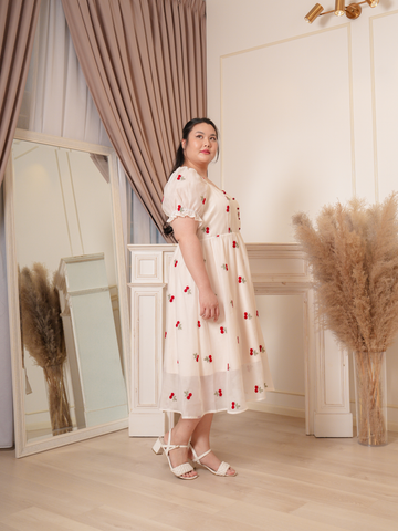 NINA Cherry Puff Sleeve Embroidery Chiffon Maxi Dress