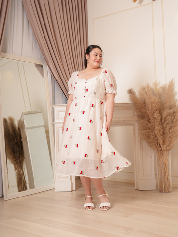 NINA Cherry Puff Sleeve Embroidery Chiffon Maxi Dress